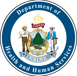 Seal of the Maine Department of Health and Human Services, featuring the state's emblem with a pine tree, moose, and figures, surrounded by the department's name.